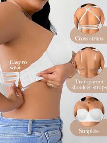 DesireSculpt 1 件加大码无钢圈文胸，无缝交叉可拆卸肩带可变换聚拢文胸露背文胸透明文胸肩带交叉后背文胸多向文胸可调节文胸肩带，提升 - 白色 - 查看 6