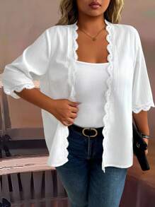 EMERY ROSE Cárdigan abierto de unicolor con mangas con volantes para mujer de talla grande, blusa casual