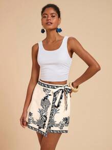 Travachic 女士花卉印花裹腰优雅A字裙 - 彩色 - 查看 4