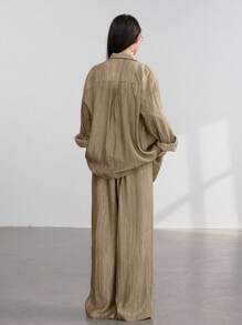 Dazy-Less Bộ 2 món đồ nữ dáng rộng, chất liệu chiffon, thích hợp mặc đi làm, trang phục công sở mùa thu, đồ mặc nhà cho nữ. - Màu Cam san hô - Xem 5