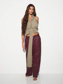 KIZN Blusa corta con volantes y cierre delantero de corbata, top halter de gasa bohemio para verano, festival, espalda descubierta, sin mangas, elegante para playa y resort - Verde Oscuro - Ver 3