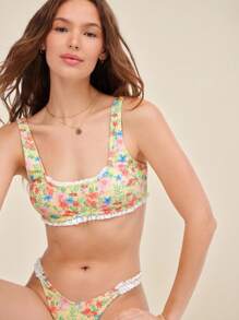 WESTFADE Áo bikini cổ tròn in hoa, thắt nơ, nhún bèo sau lưng, kỳ nghỉ hè trên bãi biển, phong cách boho miền Tây dễ thương dành cho nữ cao bồi - Nhiều màu - Xem 1