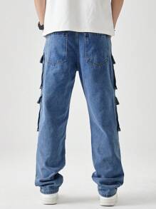 Chillumni Stylish Men's Casual Denim Cargo Jeans. These Long Light Wash Baggy Fit Wide Leg Pants Offer Ultimate Comfort And Ample Storage For Everyday Outings. - Light Wash - View 2