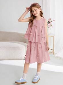 SHEIN Tween Girls Comfortable Solid Color Sleeveless Top And Mini Skirt 2-Piece Set - Dusty Pink - View 7