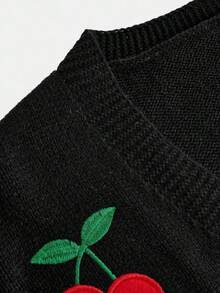 SHEIN Girlism Teen Girls Black & Red Cute Cherry Fruit Embroidery Pattern Versatile Knitted Cardigan Sweater Jacket,In Fall/Winter