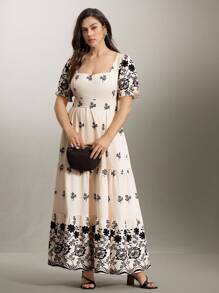 SHEIN LUNE Plus Size Women Floral Print Square Neck Maxi Elegant Dress, Spring/Summer - Apricot - View 7