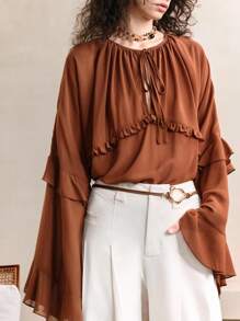 Arave Women's Autumn Loose Collar Button-Down Ruffled Shirt Elegant Ruffled Chiffon Long-Sleeved Top, Retro Decadent Style Women's Shirt  Holiday Dress Vacation Outfits Woman Western Wear Women Hawaii Outfits Women Fall Cloth For Women