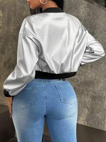 INAWLY Women's Spring And Autumn Fashion Metallic Cropped Jacket Fall Winter Cloth For Women - Silver - View 2