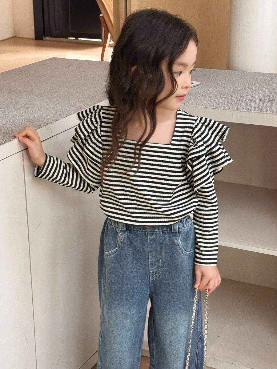 SHEIN 适合年轻女孩的基本款条纹T恤休闲针织上衣，适合返校、上学和居家穿着 - 黑色 - 查看 1