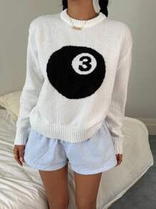 Teen Girls White Solid Round Neck Numeric Design Pullover Sweater, Minimalist Style Teen Girl Sweaters 8 Ball Sweater Soft Girl Sweaters Jumpers For Teen Girls Teen Girl Tops White Sweater Teen Girl Clothes Soft Girl Clothes Teen Girl Tops Aesthetic Teen Sweaters,In Fall/Winter - White - View 6