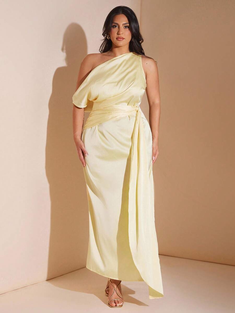 SHEIN BAE Plus Size Butter Yellow Summer Elegant Modest Formal Asymmetric Neck Long Satin Dress For Women,Wedding Guest Bridesmaid Birthday Brunch Vacation - Yellow - View 1
