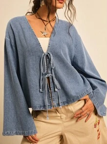 Freevana 大码女式落肩长袖前系带宽松休闲衬衫 - 藍色 - 查看 4