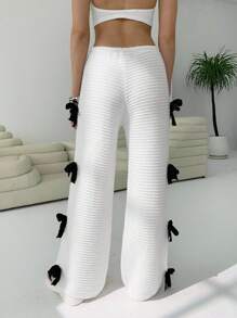 SHEIN EZwear Pantalon tricoté casual à nœud papillon pour femme - Blanc - Voir 2