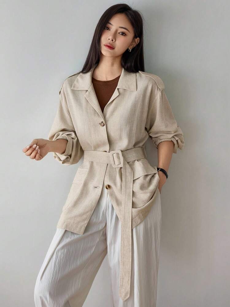 Women's Loose Business Casual Windbreaker Jacket, Short Linen Shirt Style Cardigan With Belt, Simple Solid Color, Suitable For Office Wear, Autumn/Winter,Fall Women Clothes Women Coats