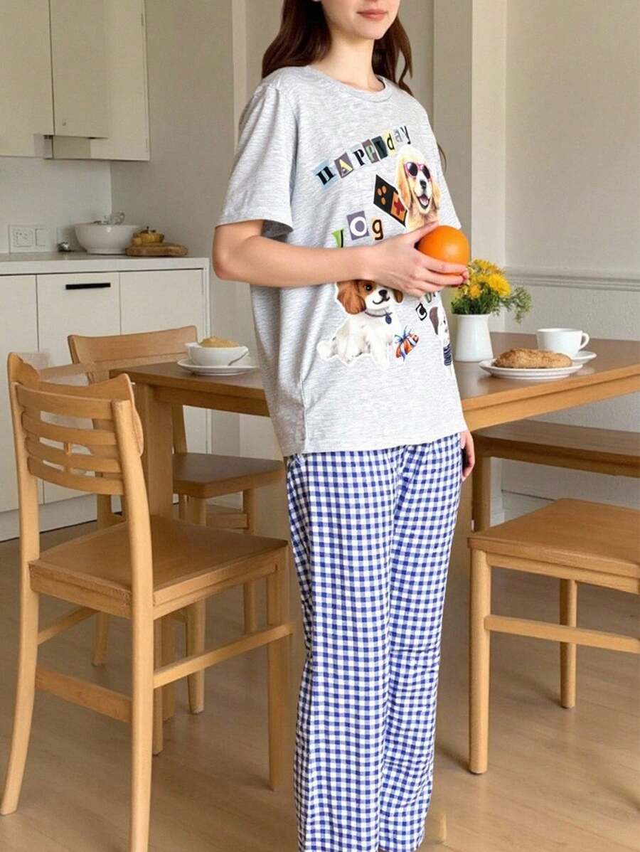 2 件套青少年女孩卡通狗图案短袖上衣和格子裤睡衣套装，夏季家居服