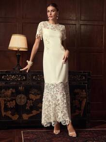 ZEYLAH Women's Crew Neck Short Sleeve Fitted Extra Long Lace Embroidered Dress, Autumn/Winter