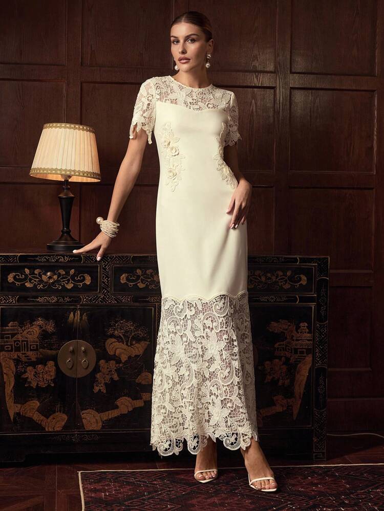 ZEYLAH Vestido ajustado de cuello redondo de manga corta con encaje bordado extra largo para mujer, para otoño/invierno