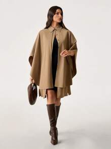 SHEIN Tall Abrigo tipo capa largo de mujer para otoño, de color liso, con mangas de murciélago, abotonado sencillo, casual y holgado, para mujeres altas - Caqui - Ver 11