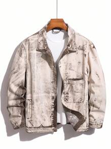 Manfinity Homme Plus Size Men's Distressed Washed Loose Denim Jacket Acid Wash Denim Jacket Vintage Casual , Fall - Brown - View 1