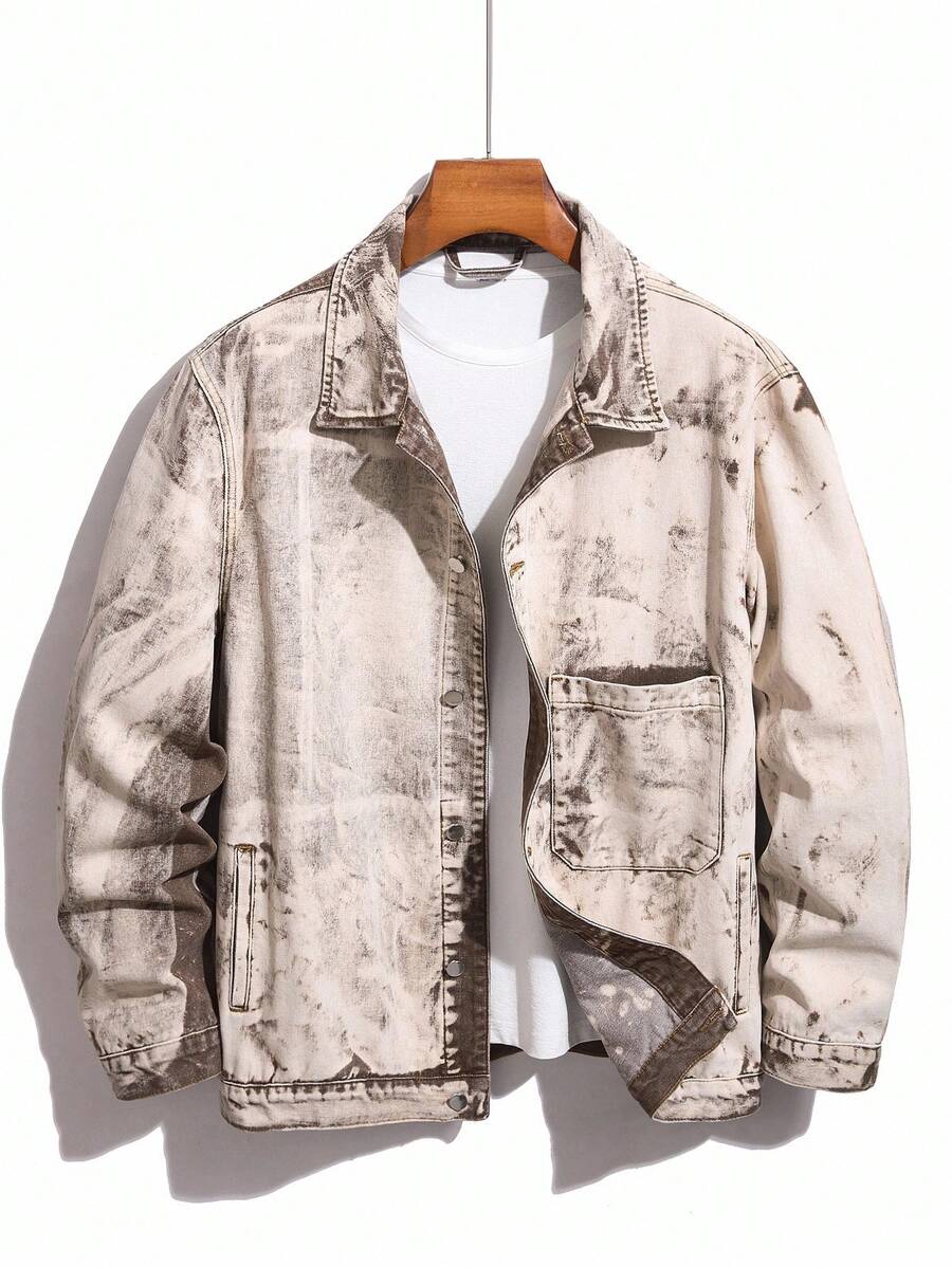Manfinity Homme Plus Size Men's Distressed Washed Loose Denim Jacket Acid Wash Denim Jacket Vintage Casual , Fall - Brown - View 1