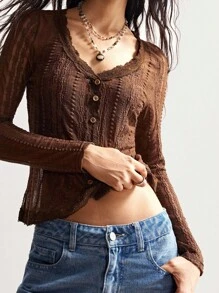 Bohemela Women Casual Solid Color Knitted V-Neck Contrast Lace Long Sleeve Blouse, For Autumn' Brown Lace Top Brown Long Sleeve Top Brown Button Down Top