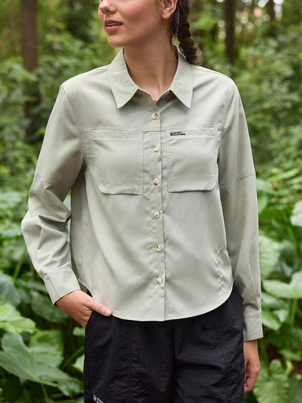 SHEIN In My Nature قميص نسائي بأكمام طويلة مريح ويومي بلون أحادي للاستخدام الخارجي