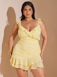 SHEIN BAE 大码女式浪漫性感 V 领荷叶边下摆迷你连衣裙、甜美休闲日常穿着、海滩度假派对短裙、春夏、毕业礼服、女士海滩装、美国独立日装、美国独立日装、海岛度假装、女士蜜月装、女士夏季装、泳池派对装、女士度假装、大码女装、音乐会装、优雅连衣裙、女士生日礼服、女士太阳裙、黄色