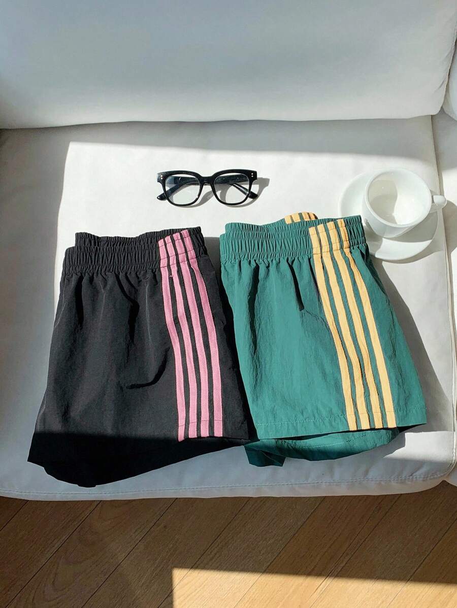 Comfortcana 2pcs Women Elastic Waist Striped Loose Casual Sports Shorts, Versatile For Daily Street Wear, Fall,Fall Clothes For Women