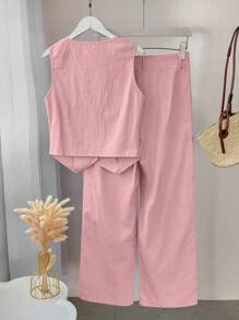 INAWLY Women Summer Solid Color Single Button Vest And Loose Casual Pants With Pockets Two-Piece Set - Dusty Pink - View 2