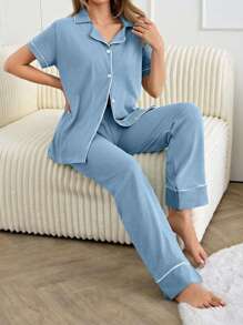 EURMUSE 女士绑带细节短袖长裤家居睡衣套装 - 淺藍色 - 查看 4