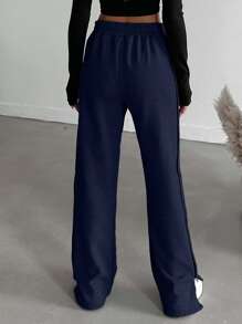 EURMUSE Cotton Button Side Slit Hem Wide Leg Pants - Navy Blue - View 2