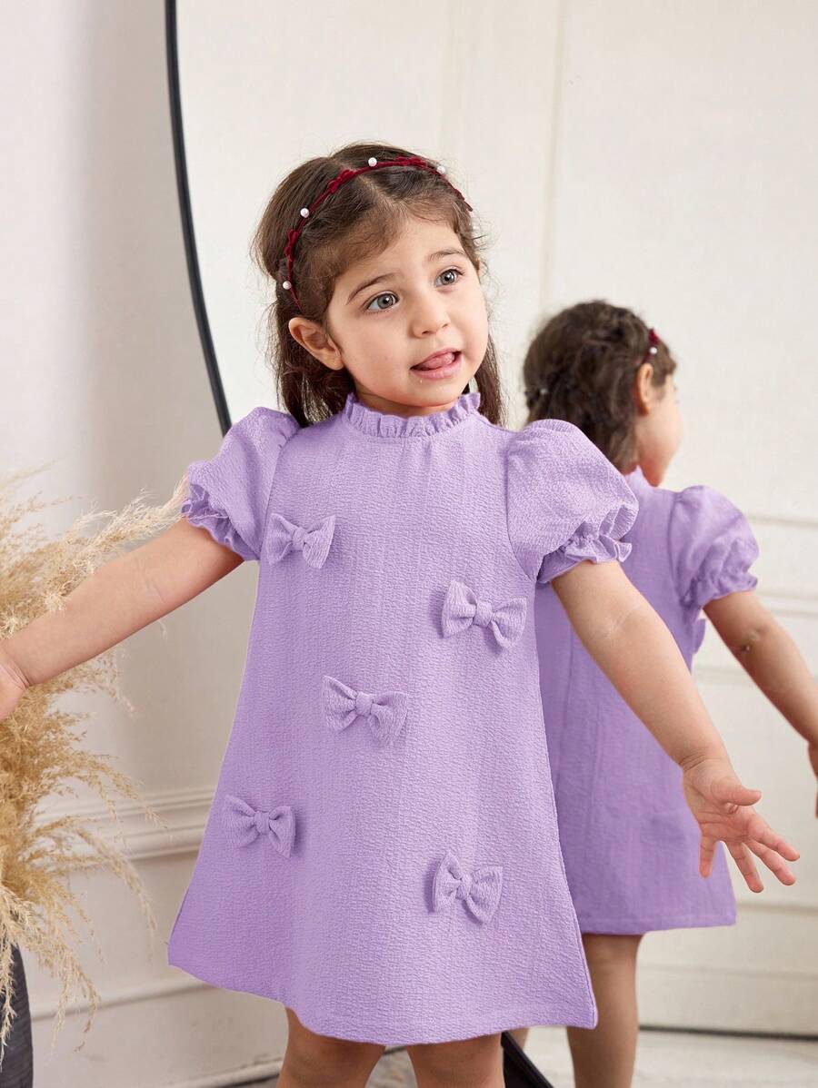 SHEIN Baby Girl Casual Simple Comfortable Ruffled Collar Puff Sleeve Dress - Mauve Purple - View 1