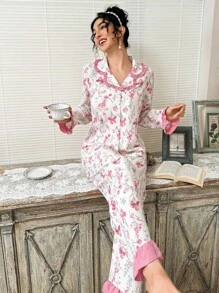 CottageSlumber Bộ đồ ngủ nữ họa tiết hoa màu hồng tương phản viền bèo nhún cổ áo và quần dài, bộ đồ ngủ cổ điển, trang phục thu đông ấm áp và thanh lịch - Hồng - Xem 1