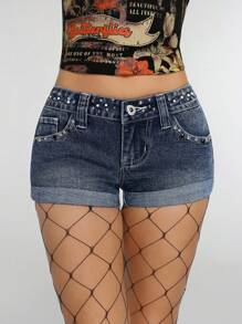 Jeanoix Y2K Fashion Casual Sexy Mini Metal Denim Hot Shorts - Dark Wash - View 1