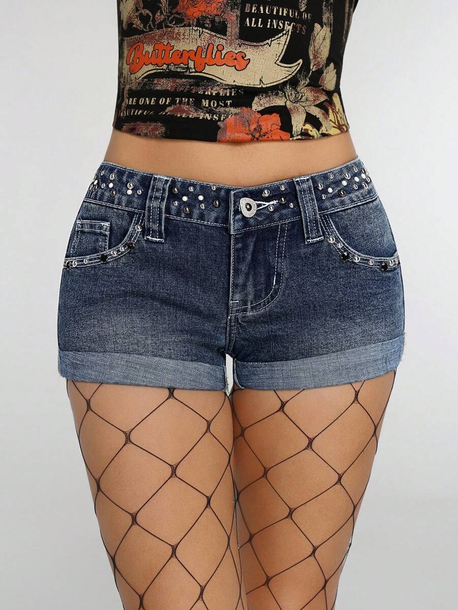 Jeanoix Y2K Fashion Casual Sexy Mini Metal Denim Hot Shorts - Dark Wash - View 1