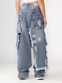 SUMWON Distressed Denim Wide Leg Jeans Baggy Ripped Y2K Double Waistband Frayed Hem Vintage Inspired Festival Streetwear Boyfriend Style Fall Winter - Blue - View 6