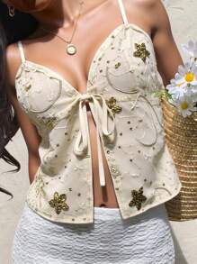Siren Gaze Women Sequins Embroidered Cami Top, Sexy Sequin Top,New Style Beaded Top Tie Top,Beach,Butter Yellow Top,Island Vacation, Elegant Halter Neck Sequined Top For Women, Concert,Rave Festival, Ibiza, Coachella, Beaded Top,Women Western Gyaru Cute Tops Backless Summer
