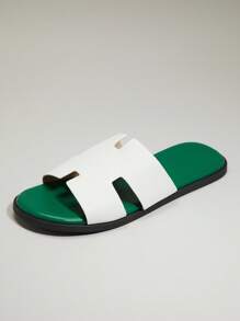 SHUZIA 男士纯白色素食皮革拖鞋，搭配绿洲绿色中底，奢华舒适，适合街头服饰和游艇俱乐部必备 - 綠色 - 查看 3