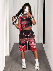 BamGleam 女式夏季字母条纹短款上衣和短裤两件套，休闲 - 黑色 - 查看 4