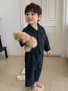 Hapijoa 男婴纯色圆领休闲T恤搭配条纹休闲裤家居服套装，幼儿秋装 - 藏蓝色 - 查看 6