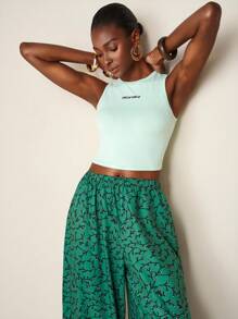 Zivah 2025 春夏新款音乐节、圣帕特里克节、波西米亚风、学生装、日常休闲、基础百搭、休闲、邮轮旅行、海滩、日光浴、街头服饰、病毒式、女士两件套：无袖上衣和阔腿印花裤 - 綠色 - 查看 6