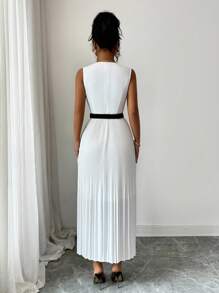 Elenzga 修腰法式优雅淑女连衣裙，复古奢华重褶白色和黑色蝴蝶结，鸡尾酒会通勤百搭 A 字连衣裙 - 白色 - 查看 2