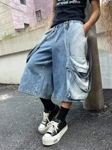 Manfinity EMRG 男士休闲街头时尚口袋阔腿牛仔短裤 - 淺色水洗藍 - 查看 7