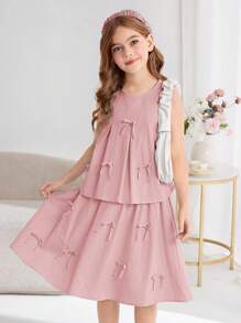 SHEIN Tween Girls Comfortable Solid Color Sleeveless Top And Mini Skirt 2-Piece Set - Dusty Pink - View 3