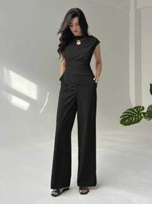 Aloruh 极简通勤职场女士装两件套：春夏新款聚拢袖收腰女衬衫+加长阔腿女裤 - 黑色 - 查看 7