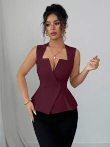 Elenzga 女士新款优雅荷叶边领 A 字型无袖衬衫，适合通勤、度假、约会、郊游、花园、家庭聚会、劳动节、节假日、独立日、返校、教师节、万圣节、感恩节 - 酒紅色 - 查看 4