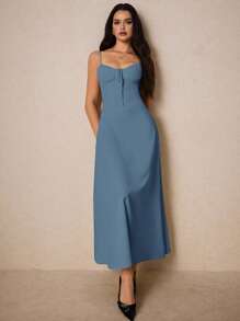 Poéselle 女士优雅纯色吊带长裙 - 藍色 - 查看 6
