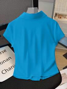 SHEIN Clasi Casual Solid Color Button Front T-Shirt, Versatile For Summer - Teal Blue - View 2