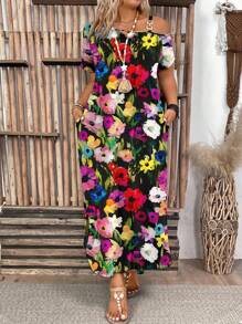 SHEIN LUNE Plus Size Colorful Oil Painting 3D Floral One Shoulder Metallic Buckle Decor Dress