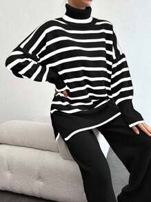 SHEIN Tall 女款條紋高領蝙蝠袖毛衣與素色長褲兩件套，適合高個女性 - 黑與白 - 查看 4